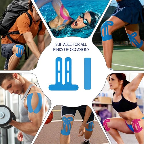 20 PCS Waterproof Kinesiology Tape for Shoulders/Knees,Precut Strips for Knee Pain Relief & Stability Support, Latex-Free Hypoallergenic Sports Athletic Tape (Blue and Pink)