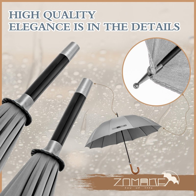 ZOMAKE Stick Umbrella Wood Handle,Cane Walking Classic Umbrellas for Men Women,12 Ribs Stick,55 Inch(Light Grey)