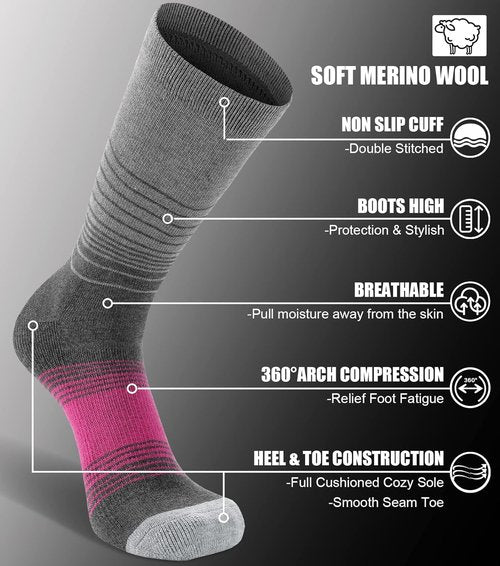 FITRELL Women's Merino Wool Hiking Socks - 4 Pack Thermal Cushioned Boot Crew Socks