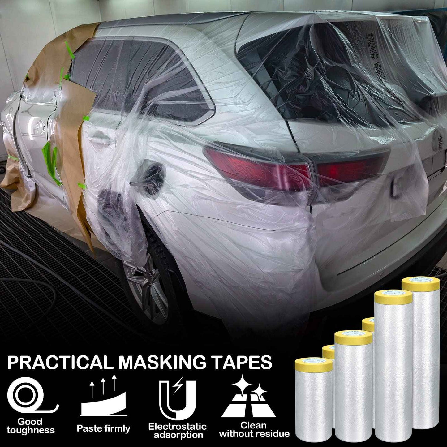 Fainne 12 Rolls Assorted Plastic Sheeting Pre Taped Masking Film Clear Masking Paper for Automotive Painting Covering Painting Supplies, 3 Multi Sizes x 66 Feet/roll