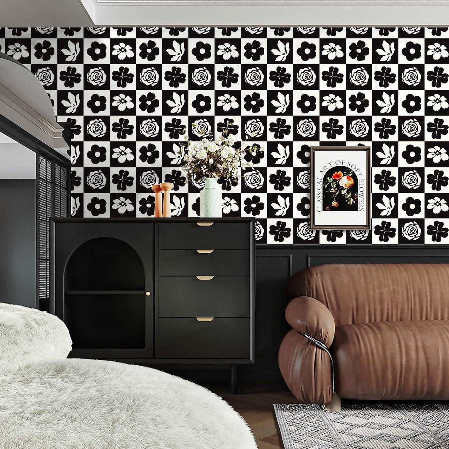 Ismoon Black and White Wallpaper Modern Peel and Stick Wallpaper Checkerboard Plaid Contact Paper Floral Geometric Stick on Wall Paper Removable Self Adhesive Vinyl Roll for Bedroom, 17.3inx9.8ft