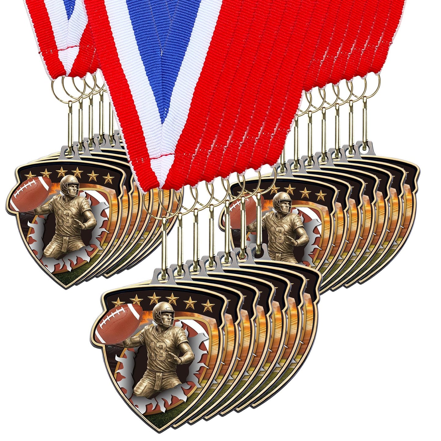 Remuuly 20 Pcs Award Medals Bulk Soccer Football Basketball Tennis Cheer Metal Winner Award Medals 3.35'' Shield Shape with Neck Ribbons Sport Team Participation Prize Gift (Football)