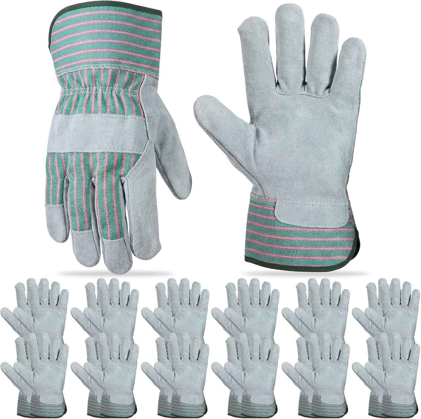 Skiennix Large Leather Work Gloves - Heavy Duty Cowhide Driver Gloves | 12 Pairs, 11 x 5.1 Inch, Safety Cuff