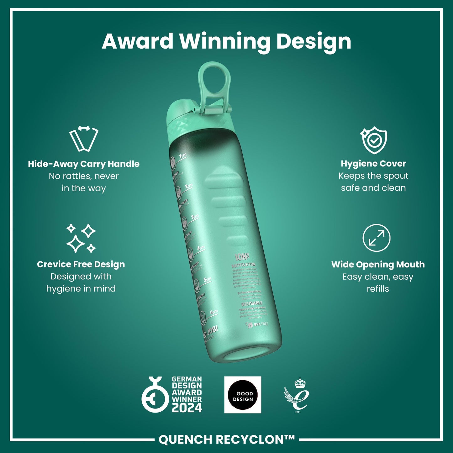 Ion8 1 Litre Water Bottle with Times to Drink, Leak Proof, Flip Lid, Carry Handle, Dishwasher Safe, BPA Free, Soft Touch Contoured Grip, Ideal for Gym, Health and Fitness, 32 oz, Teal