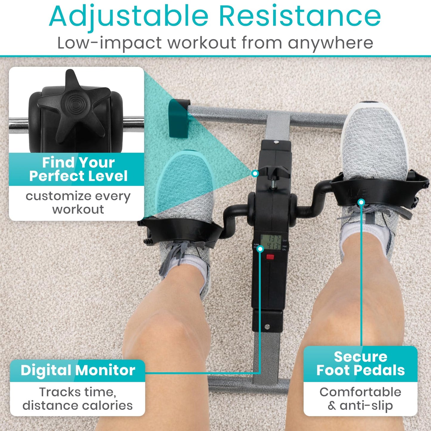 Vive Folding Pedal Exerciser - Under Desk Exercise Bike for Seniors, Elderly - Sit Down Stationary Peddler Equipment for Arm, Leg, Hand, Foot - Mini Floor Bicycle with LCD Display, Adjustable Tension
