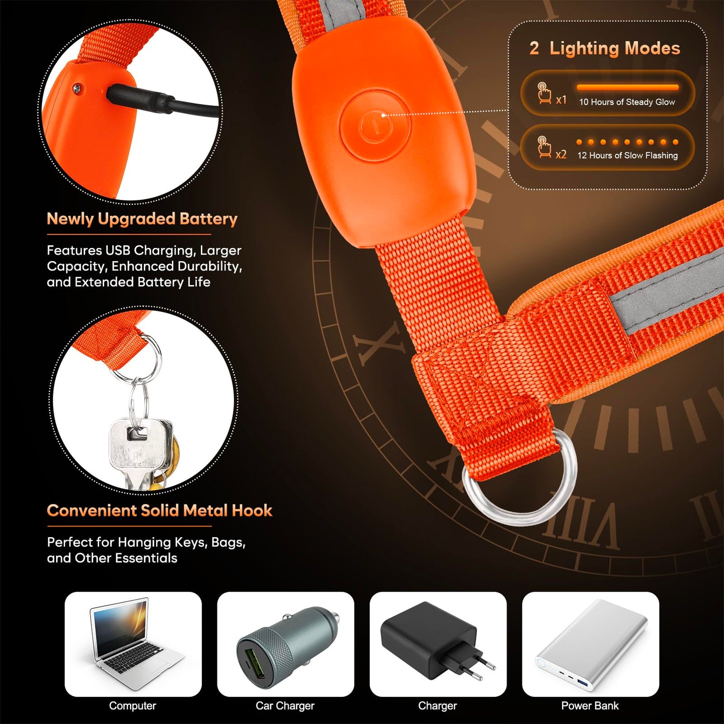 LED Reflective Night Running Gear High Visibility LED Flashing Sash Outdoor Running Cycling Hiking Jogging Rechargeable Illuminating Reflective Gear for Men and Women Night Safety Walking Gear(Orange)