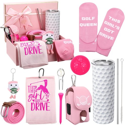 Patelai Pink Golf Gifts for Women Funny Golfing Accessories Gifts Set for Golfer Lovers Includes Golf Balls Tumbler Portable Bag Tees Metal Divot Repair Tool Towel Sash Socks Mother's Day Favor