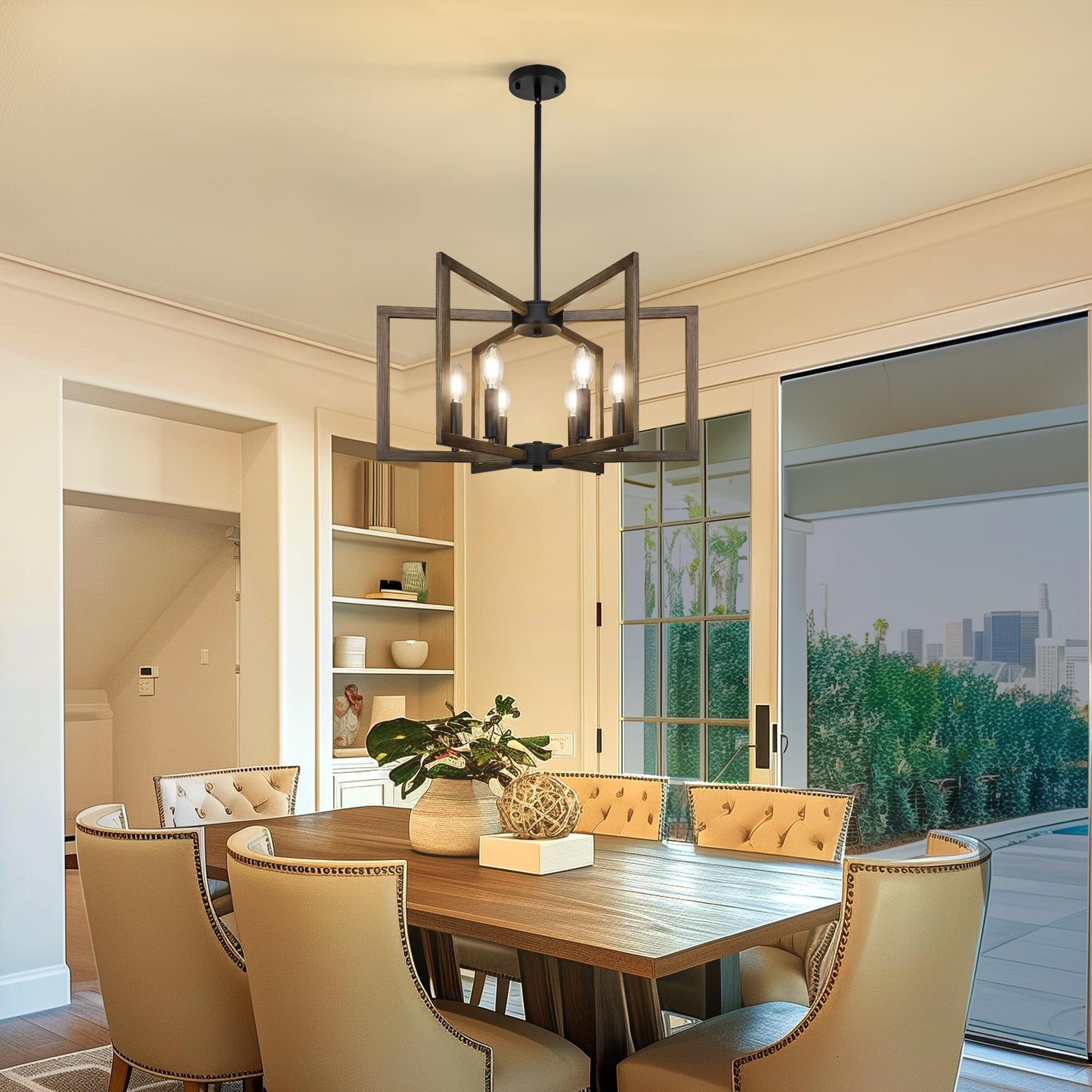 6-Light Kitchen Island Pendant Lights，Modern Farmhouse Kitchen Ideas Light Fixture，Industrial Hanging Chandelier for Dining Room，Wood Grain Finish and Black Chandelier for Foyer