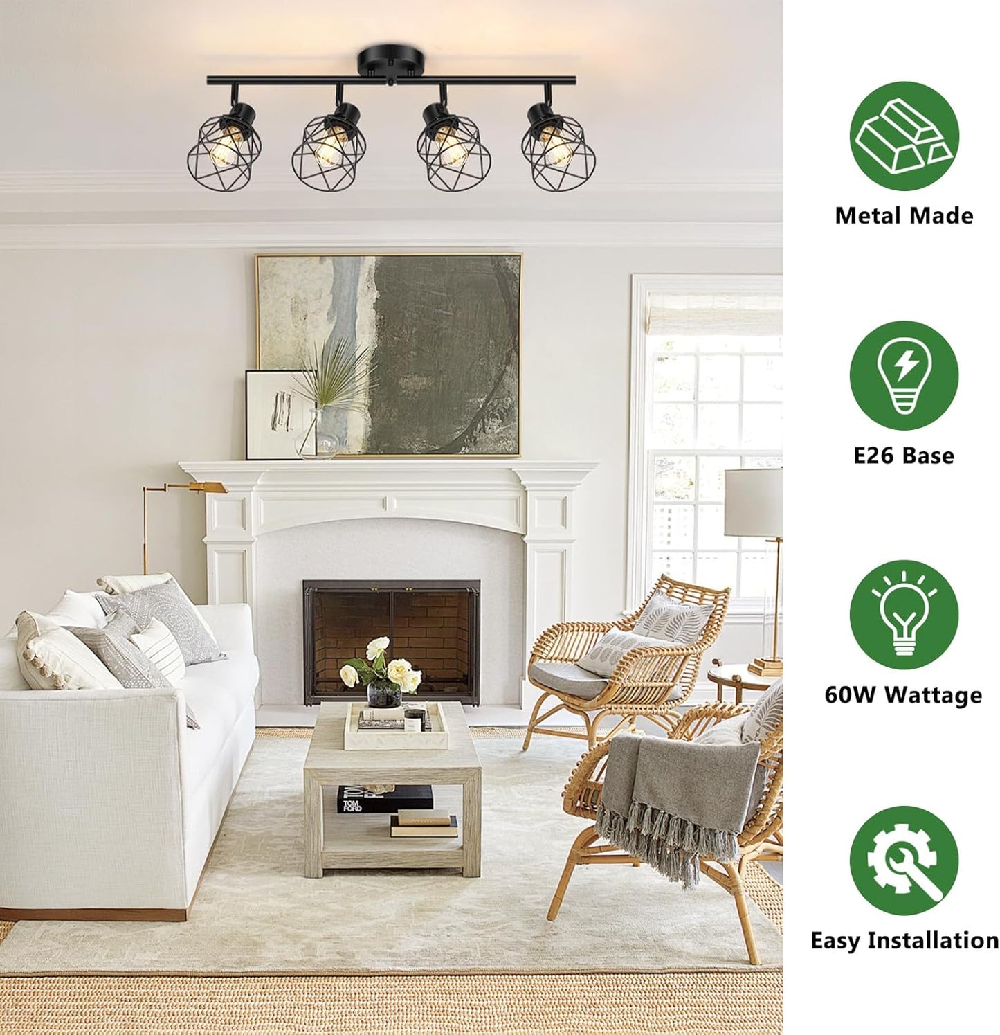 Adjustable 4-Light Semi Flush Mount Ceiling Light with Metal Cage - Farmhouse Style for Dining & Living Rooms
