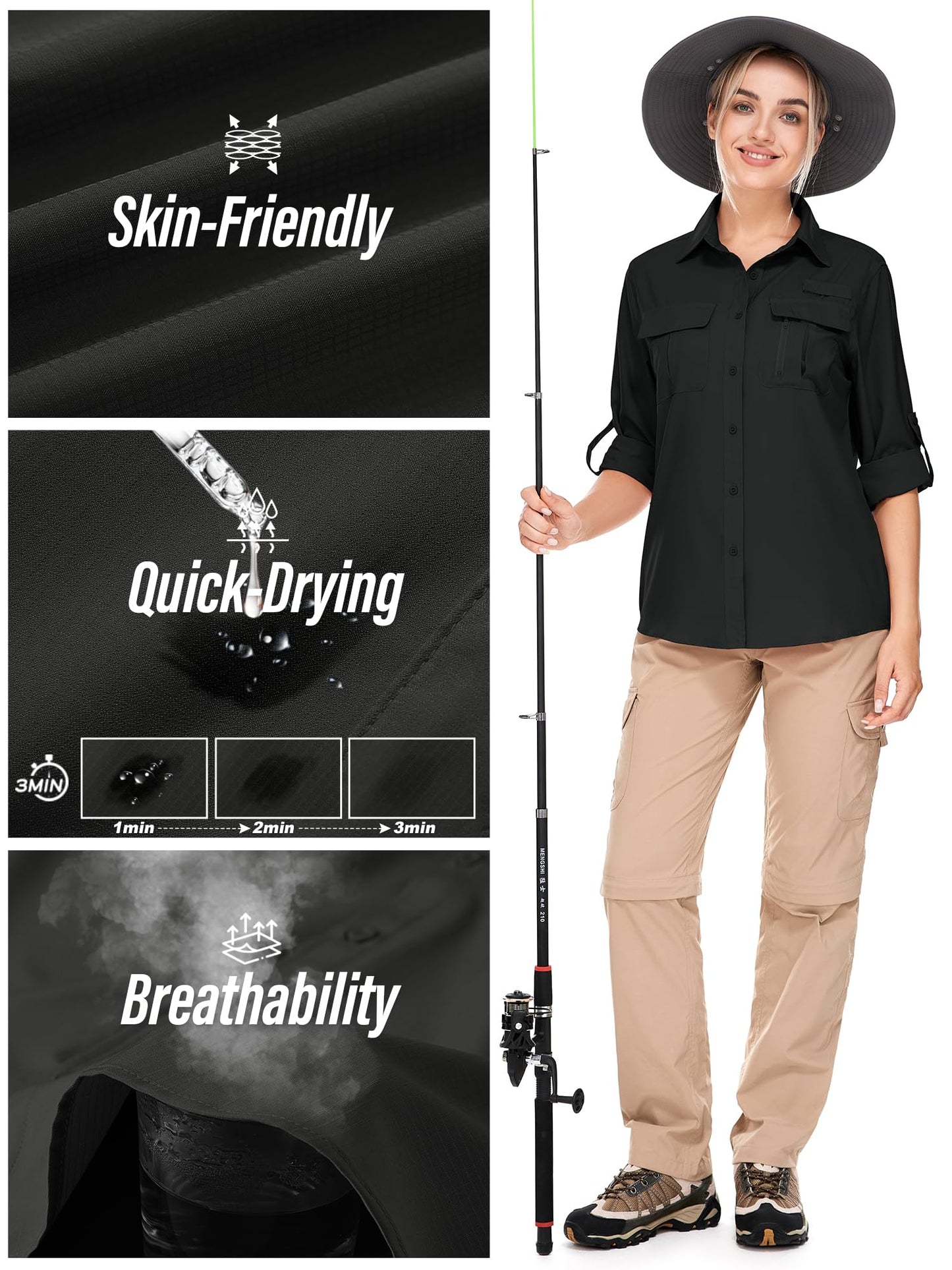 Toumett Women's UPF 50 Long Sleeve UV Sun Protection Safari Shirts Outdoor Quick Dry Fishing Hiking Travel Shirts(5071,Black,L)