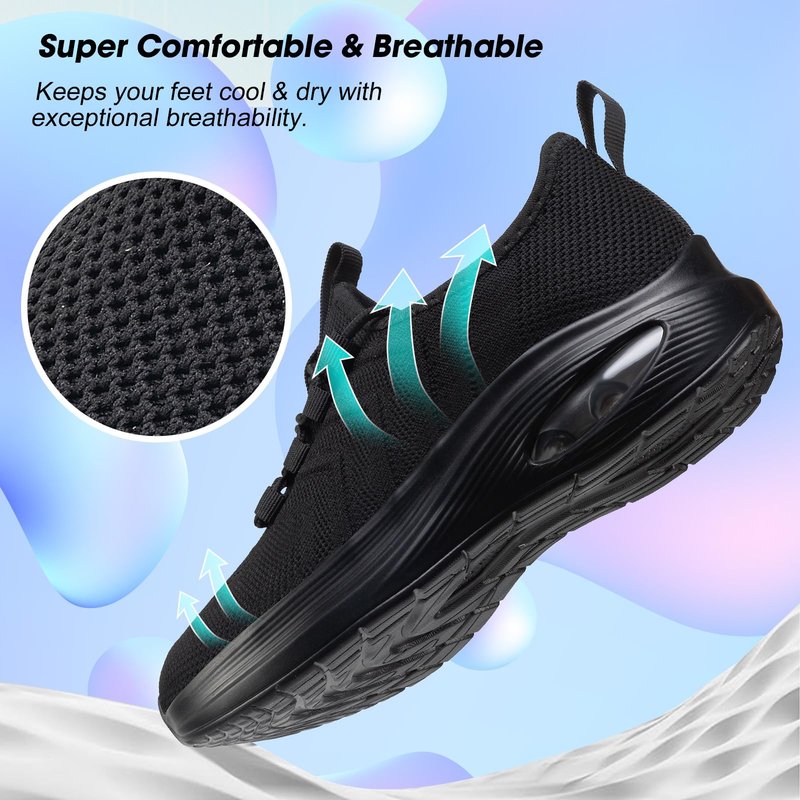 Rollstep Wide Toe Box Shoes Women Extra Wide Width Sneakers Diabetic Air Cushion Road Running Shoes Ultra Light Wide Tennis Sneakers Gym Training Breathable Walking Shoes All Black 41