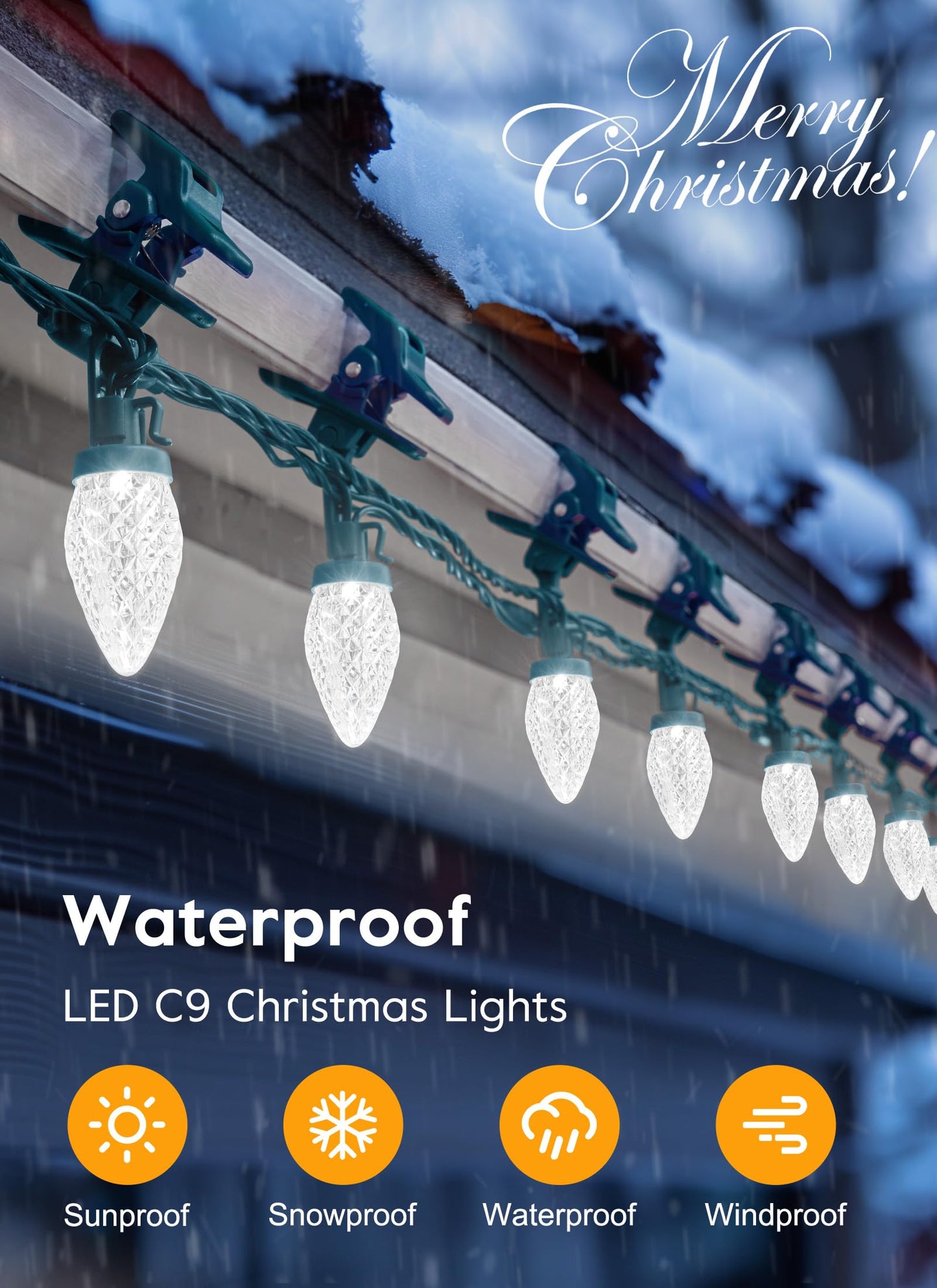 C9 LED Christmas Lights Outdoor, 68 Feet 100 LED C9 String Lights with 100 Spring Clips, Waterproof Connectable Christmas Tree Lights for Outside Roofline Patio Home Xmas Decor, Pure White