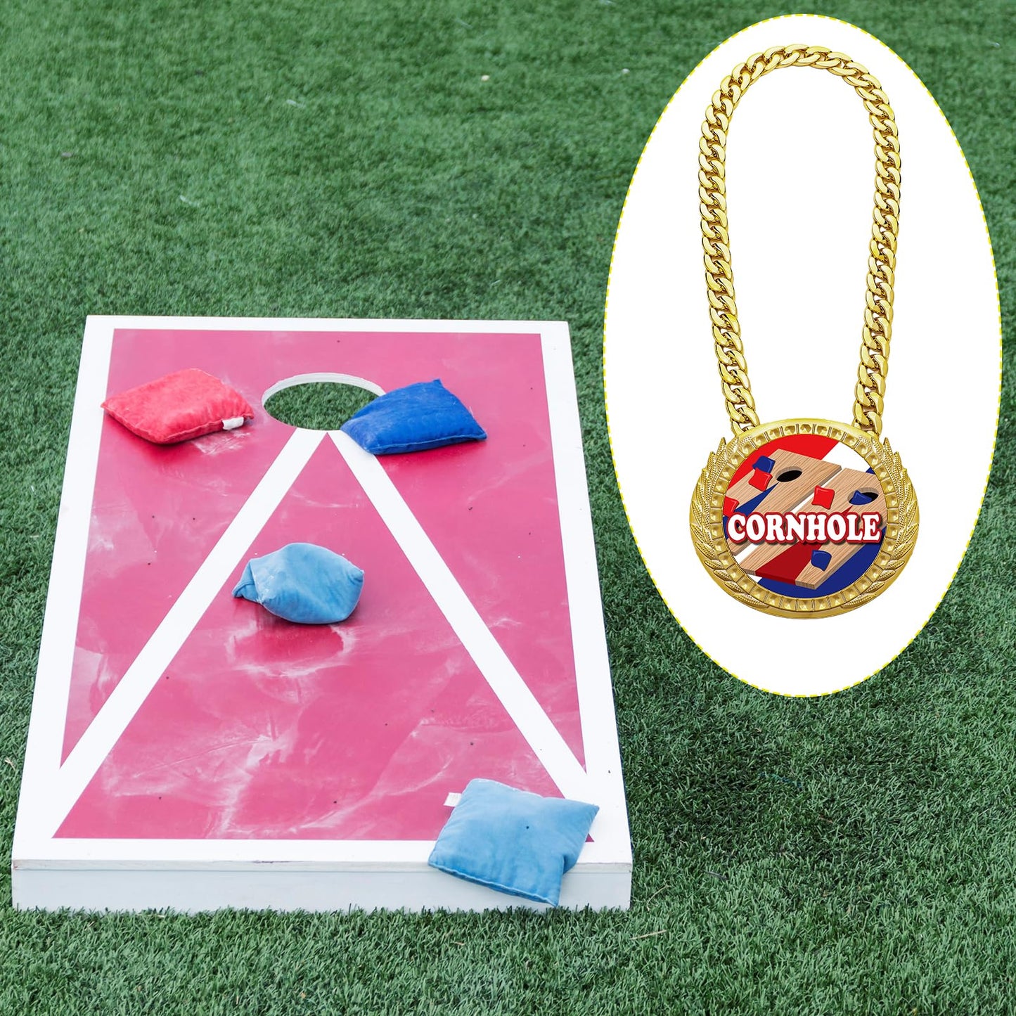 Tondiamo Sports MVP Turnover Chain Medal 6" Big Gold Champ Award Necklace Chain Baseball Basketball Football Soccer Softball Volleyball Competitions Prize Gifts Party Favors (Corn Hole)