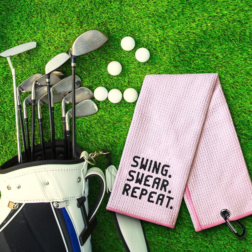 WUUCKOO Swing Swear Repeat Embroidered Pink Golf Towel, Funny Towels for Golf Bags with Clip, Mother Day Retirement Birthday Gifts for Grandma Mom Sister Aunt Golfer Sport Lover, Ladies Golf Towel