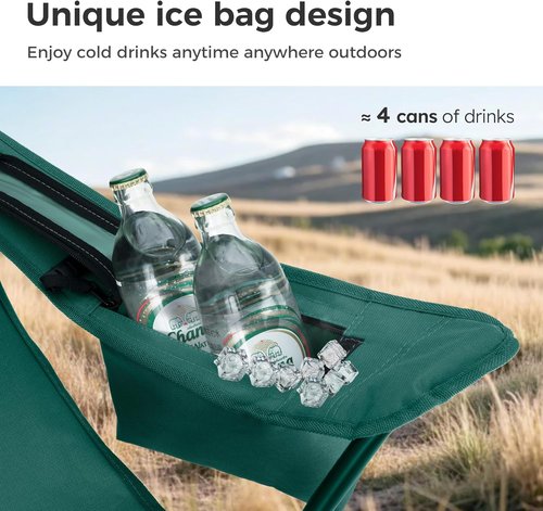 LET'S CAMP Folding Camping Chair - 2 Pack with Cooler Bag & Cup Holder | Supports 350LBS, Green