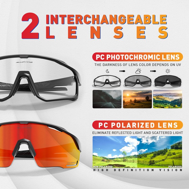 KAPVOE Cycling Glasses with Interchangeable Polarized + Photochromic Lenses Sport Sunglasses Mountain Bike Glasses K93-91
