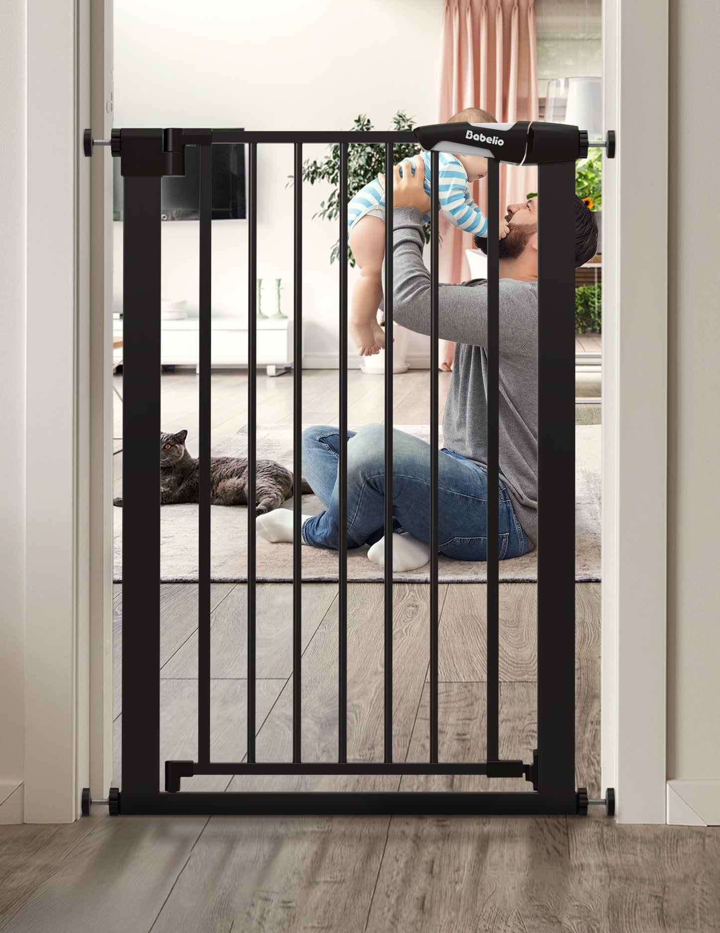 BABELIO 36" Tall Narrow Baby Gate, 26-28.5" Auto-Close Metal Pet Gate for Small Stairs/Doorways/Hallways, NO Drilling Pressure Mounted for Child and Pets, NO Extensions, Black
