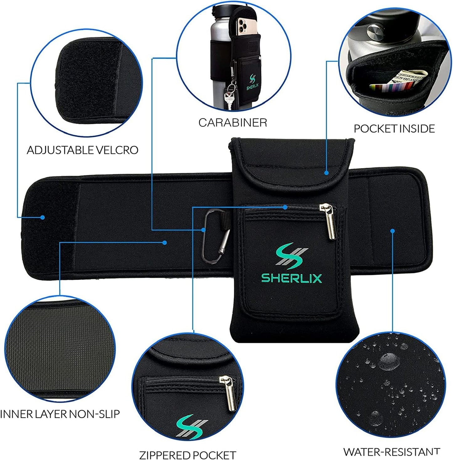 Skiennix Gym Water Bottle Pouch - Waterproof Neoprene Sleeve with Accessory Pockets | Fits 18-40 oz Bottles