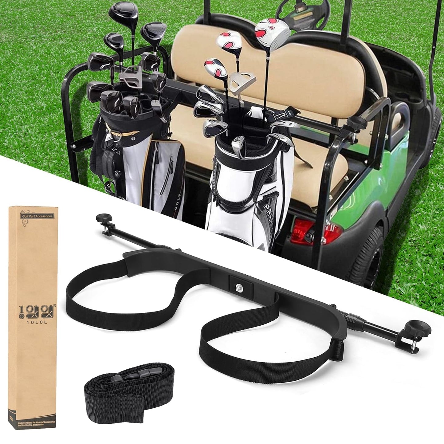 10L0L No Drilling Golf Cart Bag Holder, Universal Adjustable Rear Seat Bag Attachment for 2+2 Seater with 1” Square Metal Frame (Not for Plastic), Stainless Steel Bracket, Fits Yamaha,EZGO, Club Car