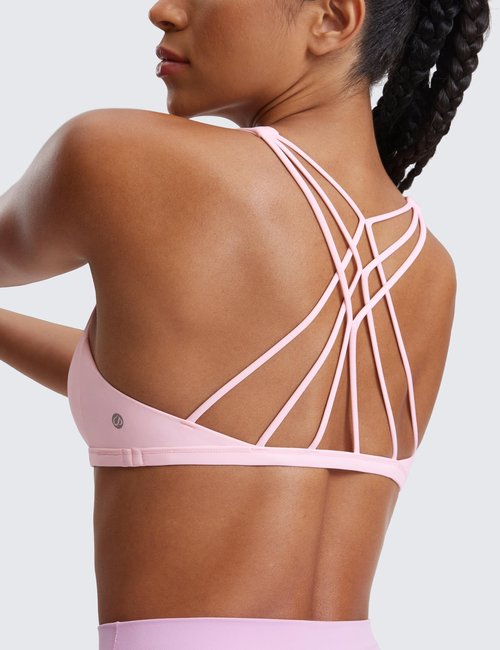 CRZ YOGA Naked Feeling Cross Back Sports Bras for Women - Strappy Back Padded Medium Support Wireless Gym Cami Workout Yoga Strawberry Pink Small