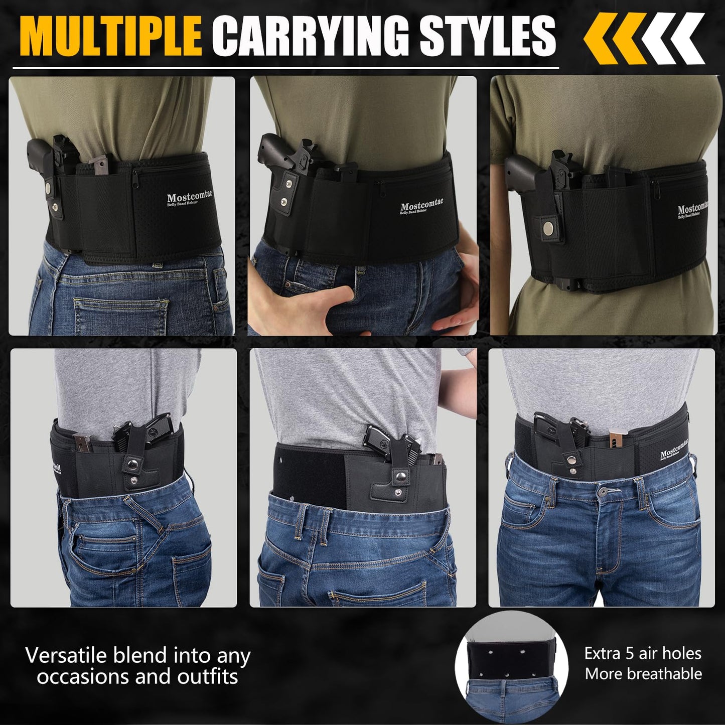 Mostcomtac Belly Band Holster for Men & Women - Breathable Neoprene Gun Holster, Multi - Pocket Tactical Belt for Outdoors, Fits G17-43x, Taurus G3C, G2C and Most 9mm and 383 Handguns（R-L）