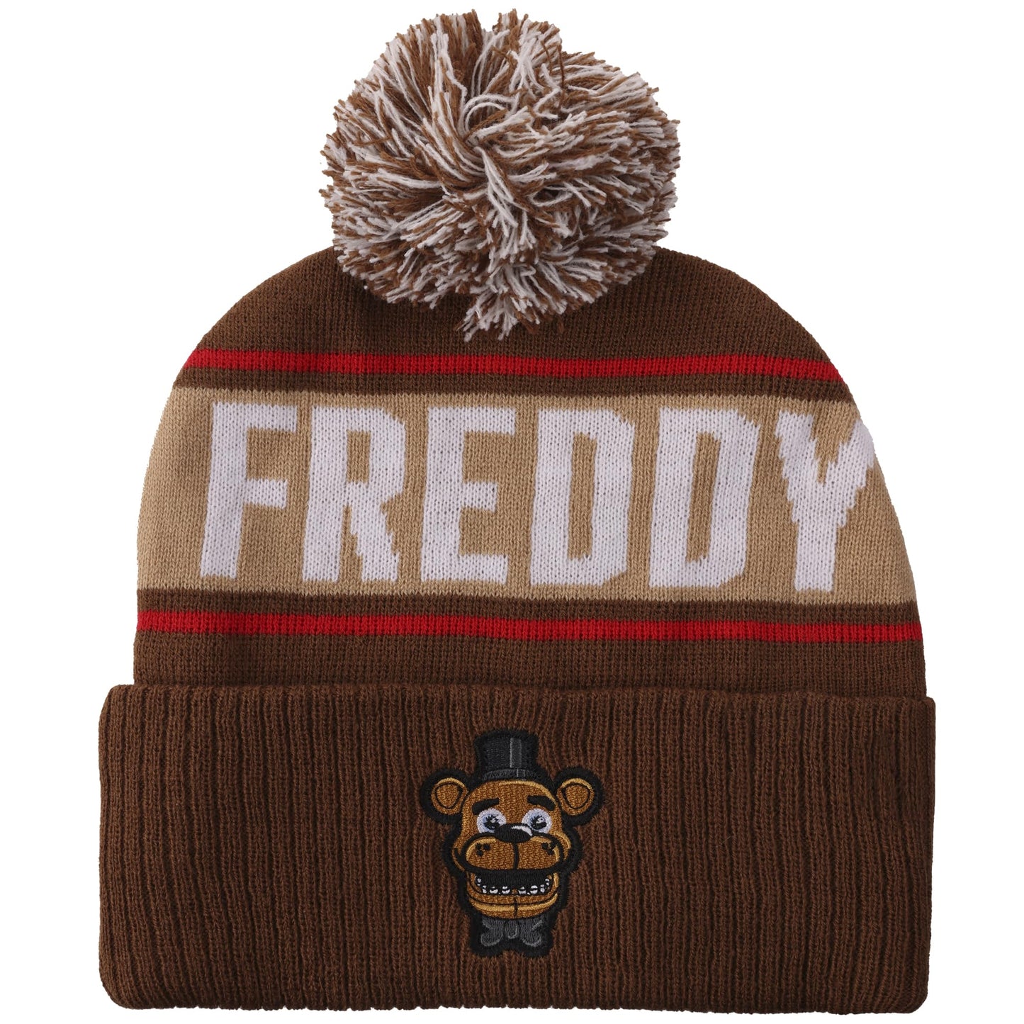 Five Nights At Freddy's Freddy Fazbear Fuzzy Jaquard and Freddy Embroidery Knit Cuff Beanie with Pom Cuff Beanie
