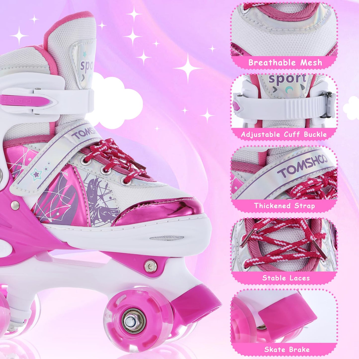 TOMSHOO Roller Skates for Girls Boys Kids 4 Sizes Adjustable Rollerskates with Light up Wheels Ages 3-5 5-8 6-12 Skating Shoes for Indoor Outdoor (Pink, Small)