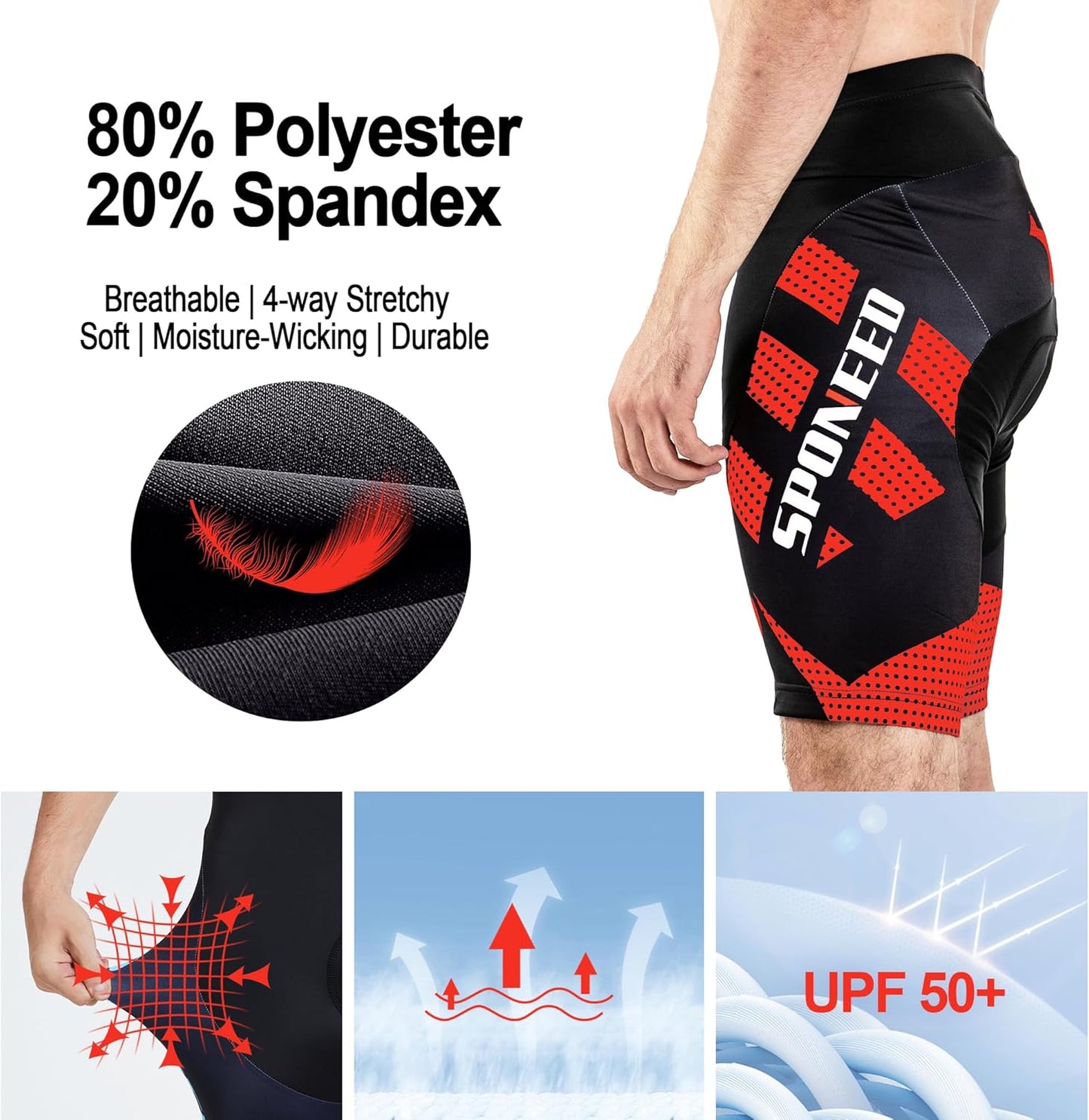 Sponeed Men's Cycling Shorts - Padded Bike Riding Tights for Ultimate Comfort | Black, Size M-XXL