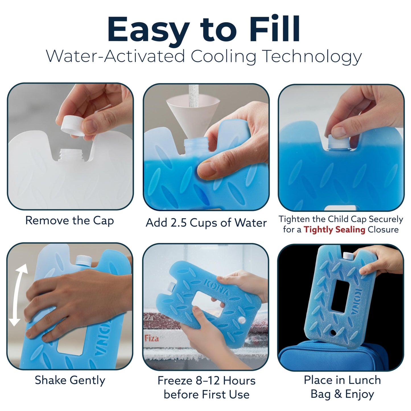 Kona Blue/Ice Ice Packs for Lunch Box - 2 lb Freezer Packs Compatible With Yeti Cooler Bags | Dry Ice Shock Pack, Long-Lasting Reusable Ice Packs for Lunch Bags (10" x 5.5" x 1.5" Pack of 4)