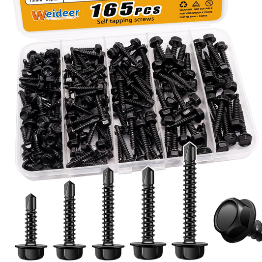 weideer 165pcs #8#10 Self Tapping Screws, Sheet Metal Screws, 410 Stainless Steel Black Hex Washer Head Quick Tapping Screw #8 1/2" 3/4" 1" #10 3/4" 1-1/4" K-G106