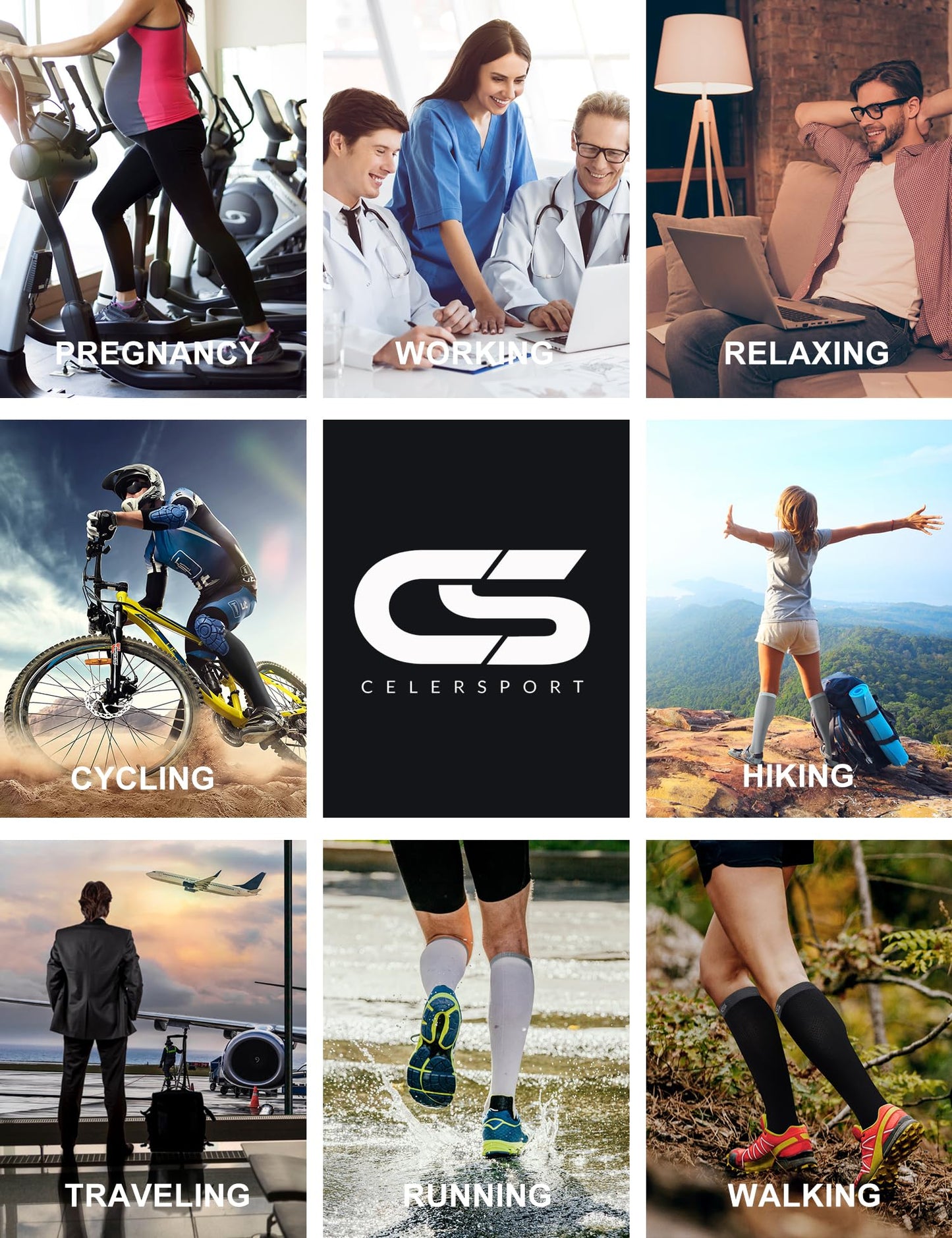 CS CELERSPORT Compression Socks for Men and Women 20-30mmHg Circulation Socks 3 Pairs for Running, Travel, Shin Splints, Nurse,Black,Large/X-Large