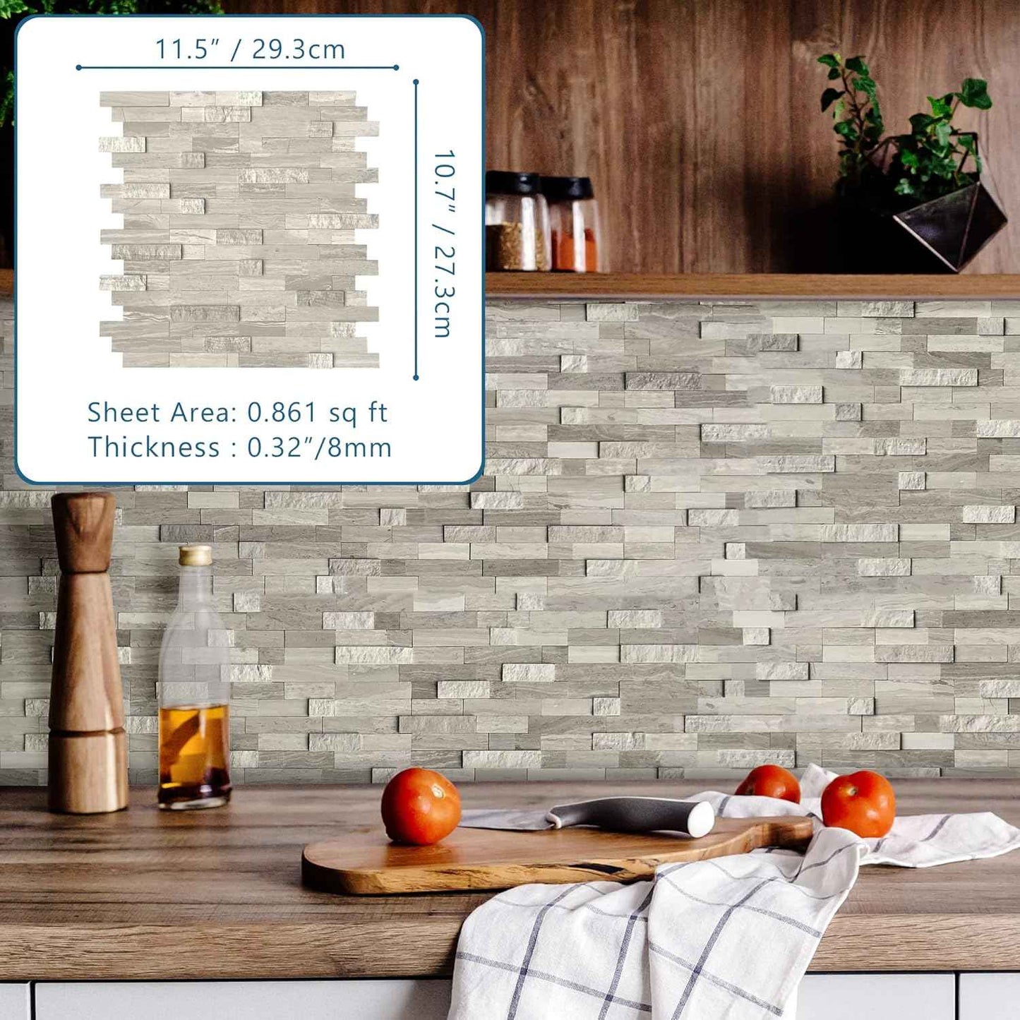 Peel and Stick 3D Stone Mosaic Tiles - 12x11" Self-Adhesive Backsplash for Kitchen & Bathroom - 5 Sheets, Mixed Tan
