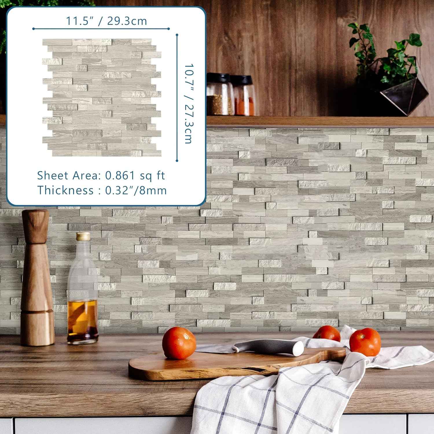 Peel and Stick 3D Stone Mosaic Tiles - 12x11" Self-Adhesive Backsplash for Kitchen & Bathroom - 5 Sheets, Mixed Tan