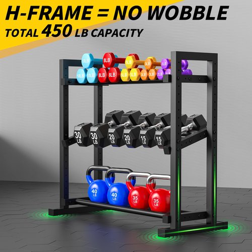 LarFaFa 3-Tier Adjustable Dumbbell Rack, Weight Rack for Home Gym Storage, Heavy Duty Weight Stand for Dumbbells, Kettlebells & Free Weights, Space-Saving Dumbbell Rack Stand Only(Up to 450LB Capacity)