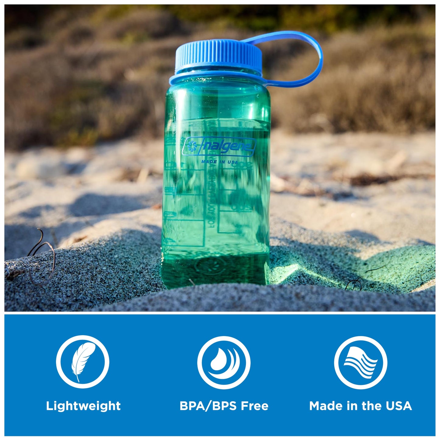Nalgene 16 oz Wide Mouth Water Bottle | Slim Cup Holder Size, BPA-Free, Durable & Leak Proof, Lightweight Travel Bottle, Cerulean