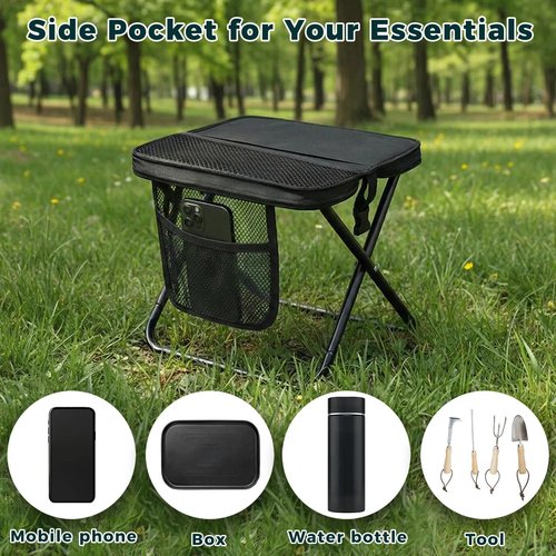 ABUUL Portable Collapsible Stool - Folding Chair with Storage Pouch, Convertible Satchel for Hands-Free Carry & Supports 265Lbs, Ultralight for Hiking, Fishing, Camping, Festivals (Black)