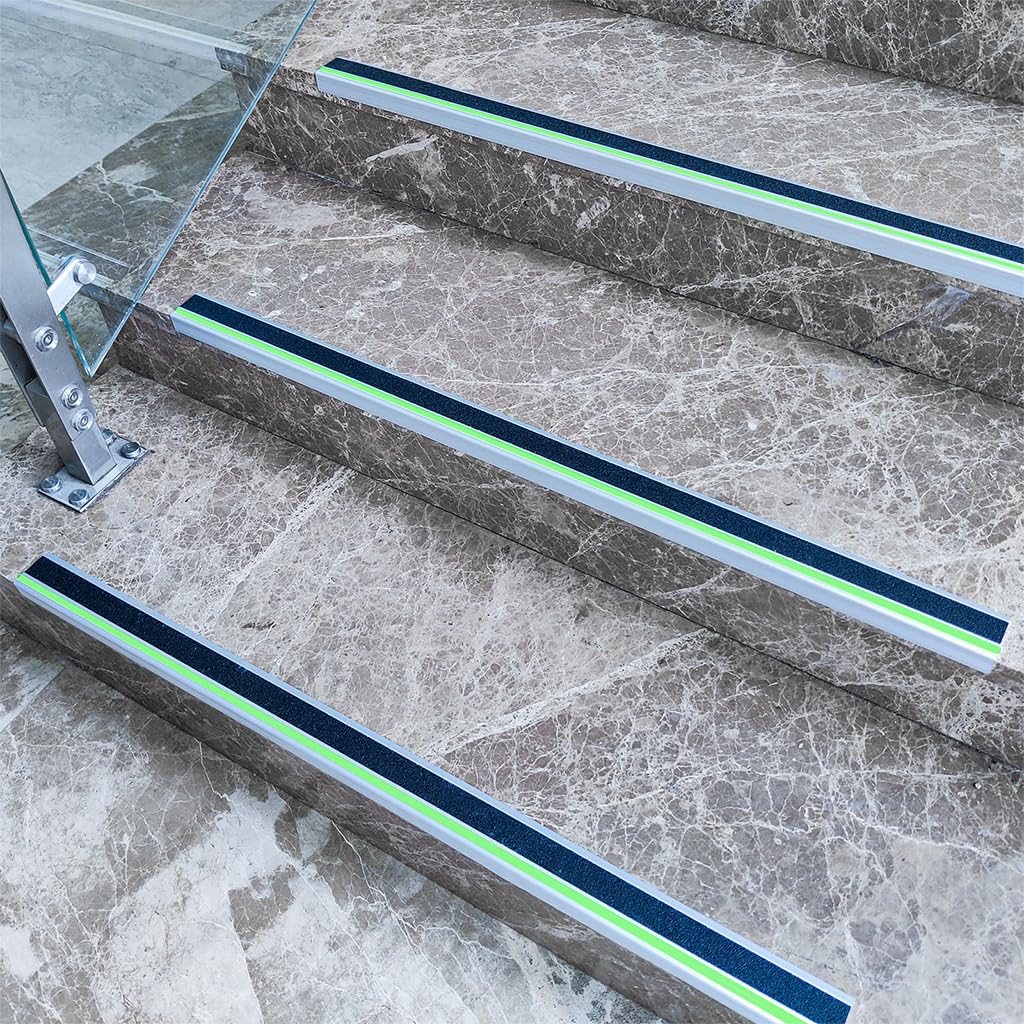 ZALNVEY 3 Pack 48 in L Shaped Stair Nosing with Green Glow Strip, Outdoor Aluminum Stair Edge Protector, Long Stair Edging Stair Trim, Anti Slip Traction Steps Treads Plate Help Elderly, Kids Walk