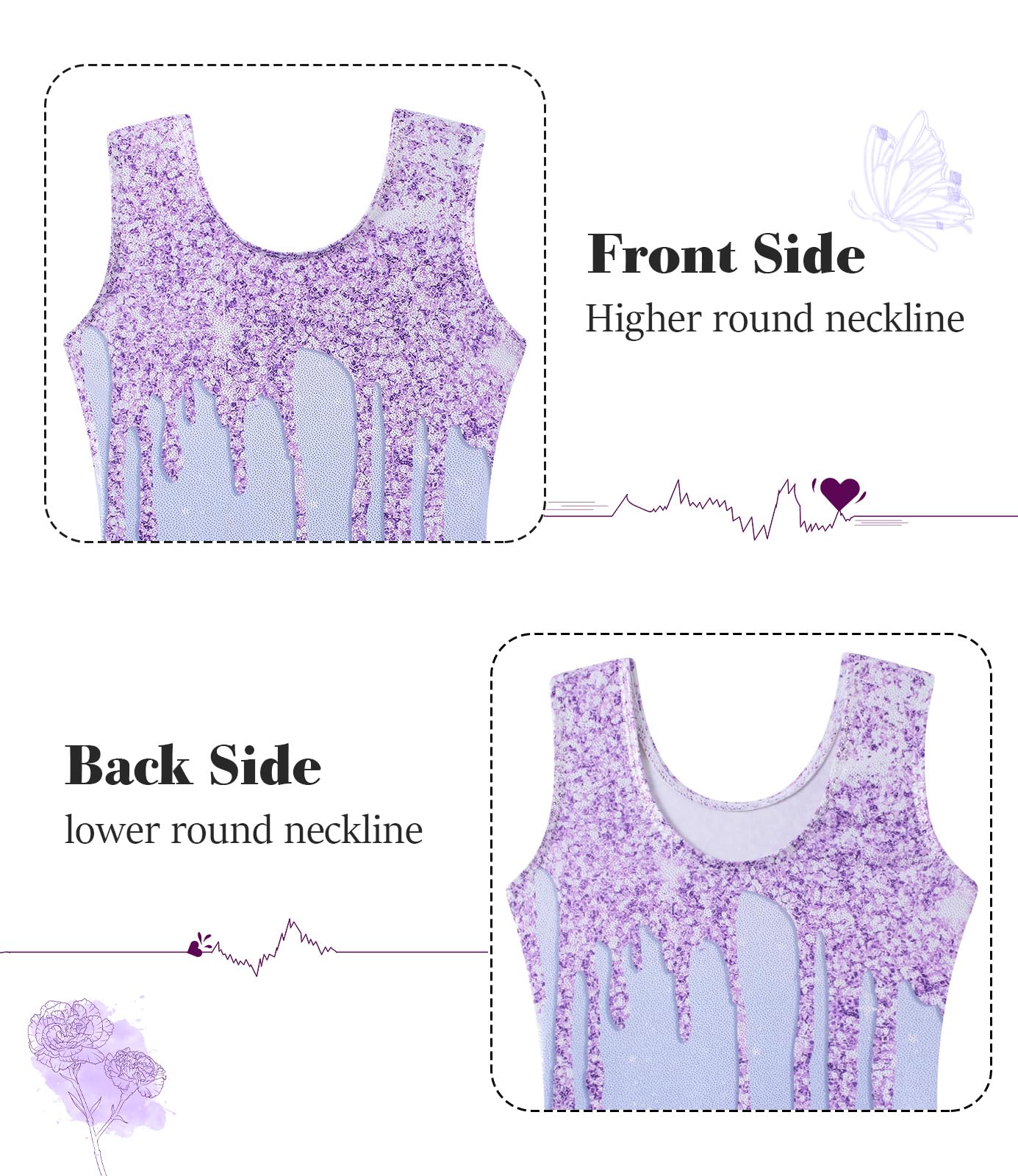 Vogseek Sparkly Gymnastics Leotards for Girls 6 7 Years Cute Light Purple Shiny Ballet Dance Unitards Biketards with Hair Scrunchie Kids Tumbling Shorts Activewear Clothes, Purple Fluid