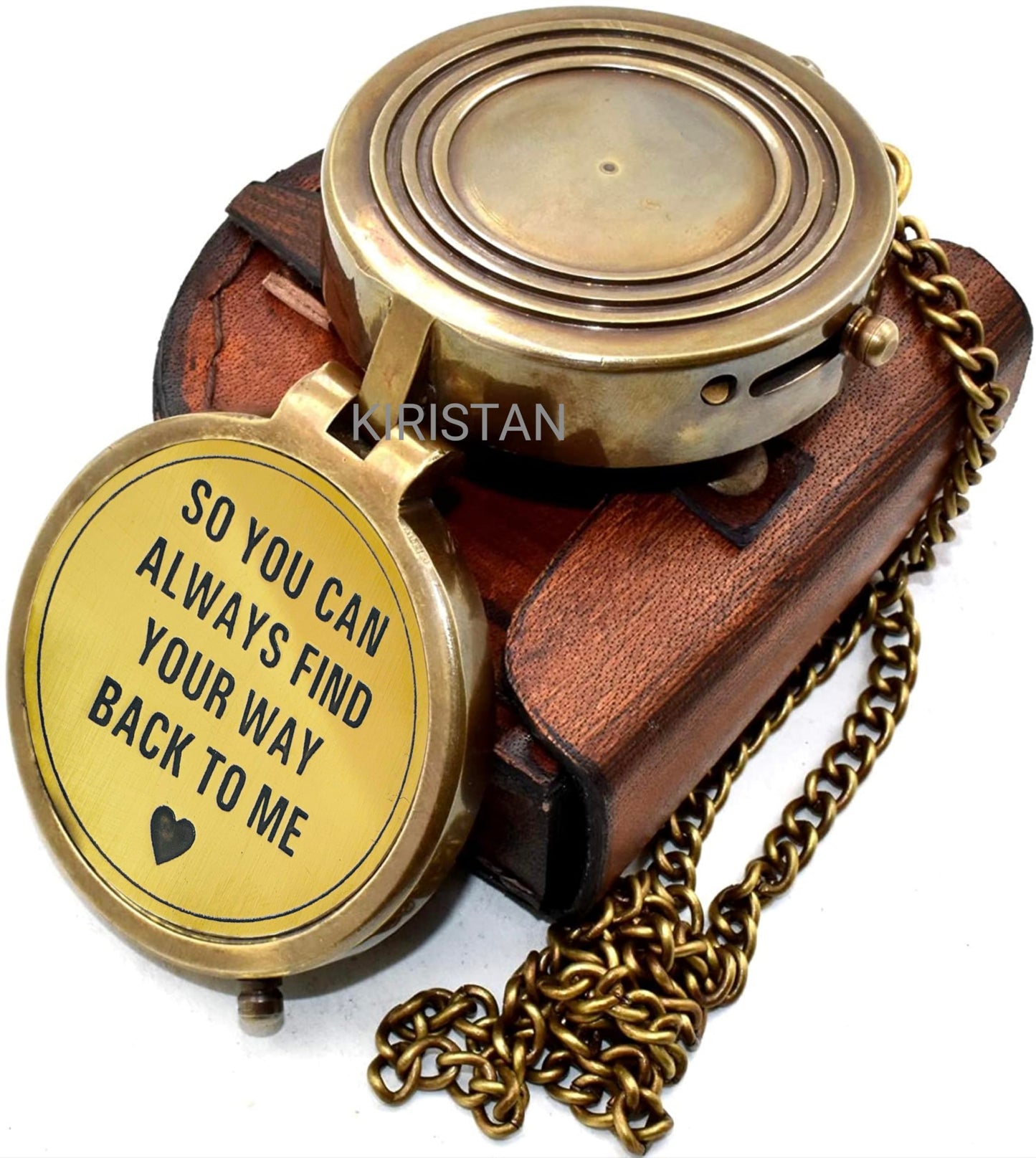 “So You Can Always Find Your Way Back Home” Engraved Pocket Compass with Leather Case – Vintage Brass Hiking & Camping Compass, Inspirational Birthday Gift for Him or Her