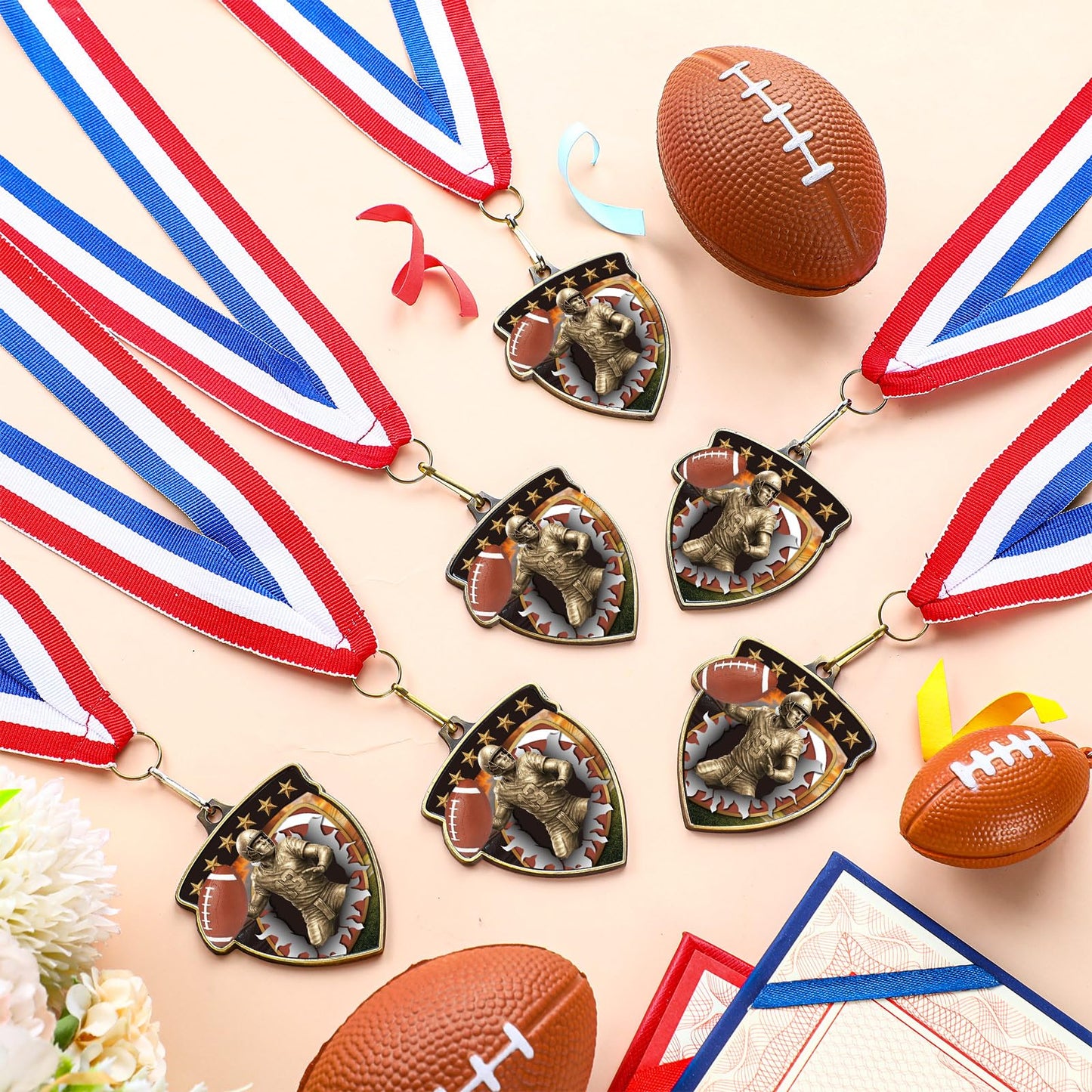 Remuuly 20 Pcs Award Medals Bulk Soccer Football Basketball Tennis Cheer Metal Winner Award Medals 3.35'' Shield Shape with Neck Ribbons Sport Team Participation Prize Gift (Football)