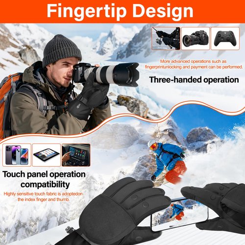 Heated Gloves for Men Women,Photography Gloves with Rechargeable 7.4V 3000mAh Battery,Flip Tech Finger Caps with Magnets,Hand Warmer in Winter Cold Weather for Drone/Fishing/Hunting/Motorcycle - L