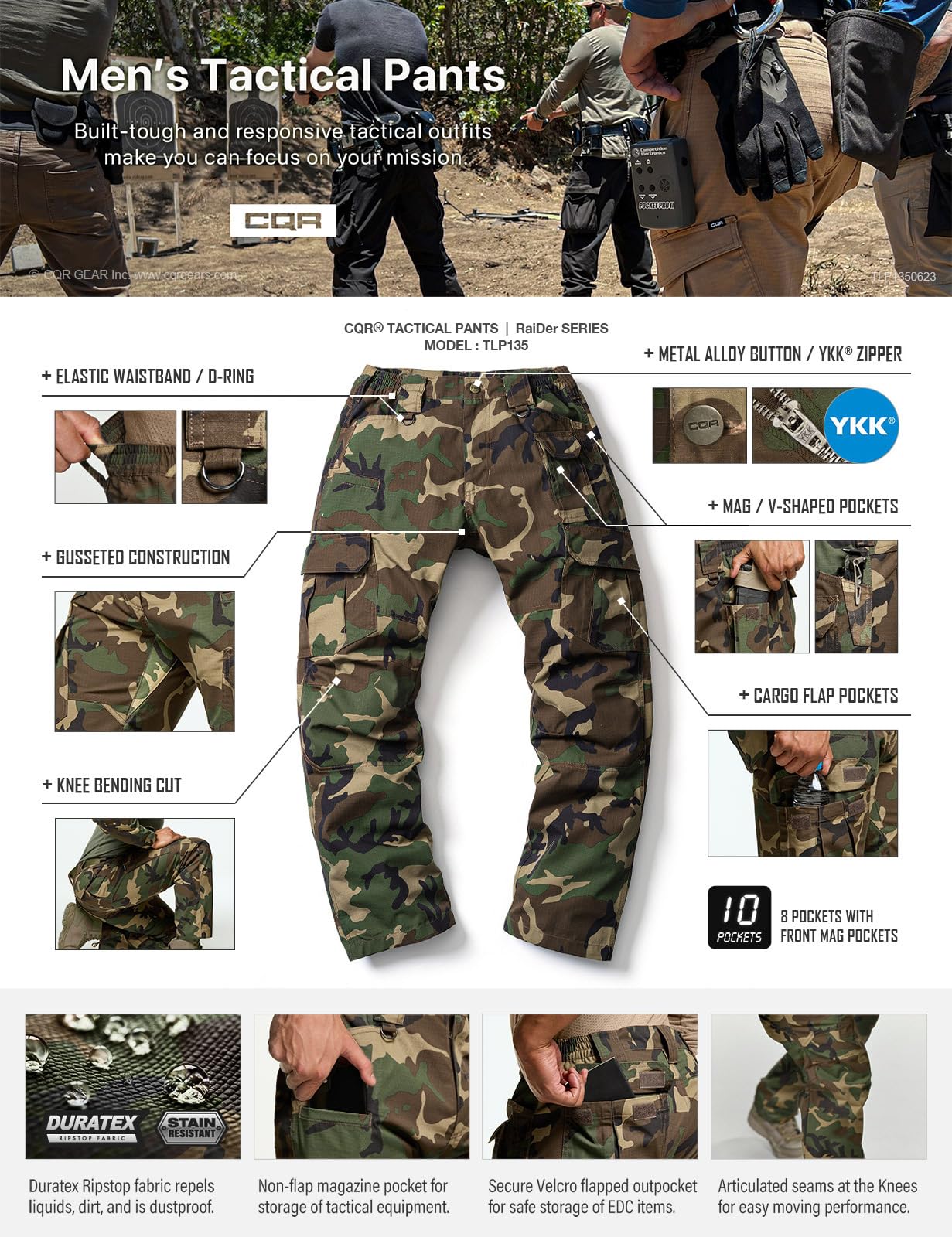 CQR Men's Tactical Pants, Water Resistant Ripstop Cargo Pants, Lightweight EDC Work Hiking Pants, Outdoor Apparel, Duratex Mag Pocket Print Woodland Camo, 36W x 34L