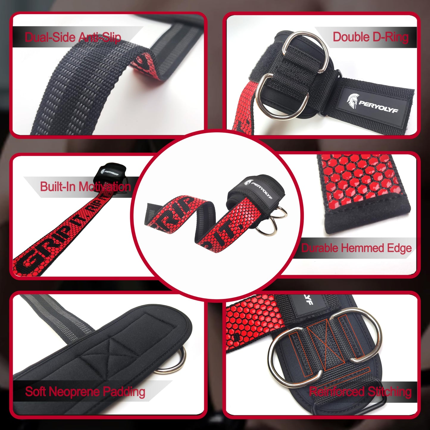 Double-Side Anti-Slip PERYOLYF Lifting Straps with D Ring - Adjustable Gym Straps for Deadlifts, Weightlifting & Cable Machine - Thick Wrist Support for Men & Women (Red)