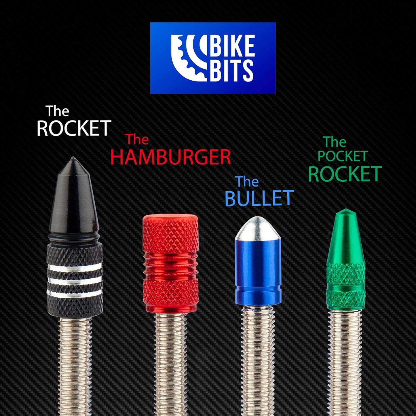 Presta Valve Caps - Anodized Aluminum for Presta/French Valves - Fun Designs: Bullet, Rocket, Hamburger | 4 Pack