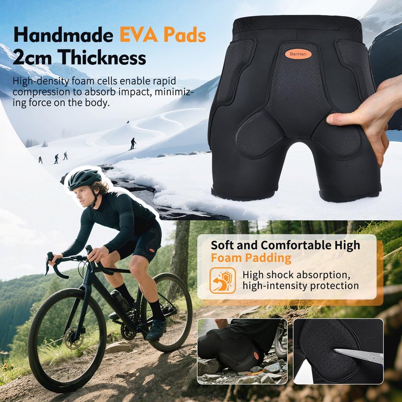 BenKen Ski Butt Protection Shorts - Anti-Collision Ski Protective Equipment, Impact Resistant Protective Padded Shorts, Stretch Lycra for Skateboarding, Skiing, Cycling, Men/Women (Small)