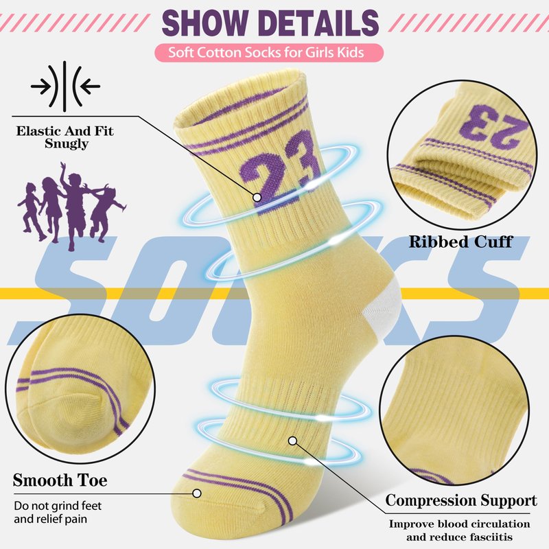 Sandsuced Kids Girls Socks Athletic Sport Basketball Youth Cotton Crew Soft Fun Gift Outdoor Socks 6 Pairs Stocking Stuffers(Assorted,5-8 Years)