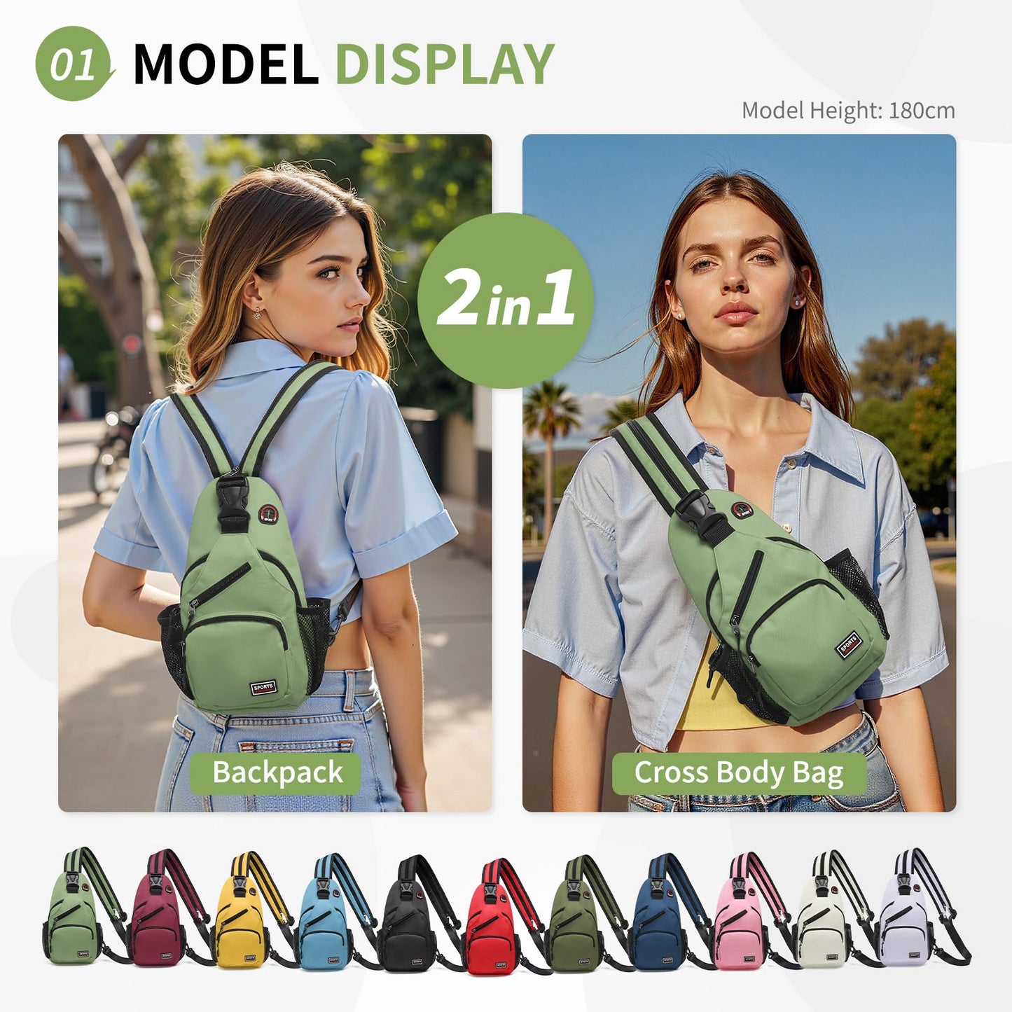 SUIKIHUM Convertible Sling Bags for Women Men, Lightweight Crossbody Backpack Daypack Fit for 11" Tablet for Casual Travel Sport Hiking (Green)