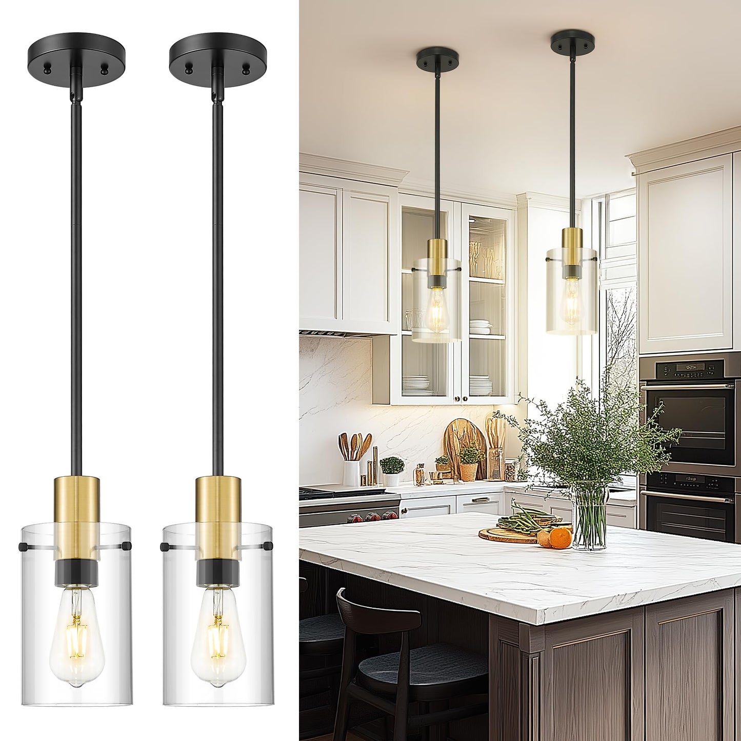 Emak 2 Pack Black and Gold Pendant Light,Modern 5 Inch Pendant Lights Kitchen Island with Clear Glass Shade, Farmhouse Kitchen Island Lighting for Dining Room, Bathroom, PL127-BKBGD-CG-2PK