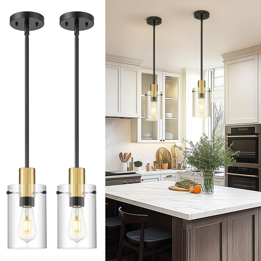 Emak 2 Pack Black and Gold Pendant Light,Modern 5 Inch Pendant Lights Kitchen Island with Clear Glass Shade, Farmhouse Kitchen Island Lighting for Dining Room, Bathroom, PL127-BKBGD-CG-2PK