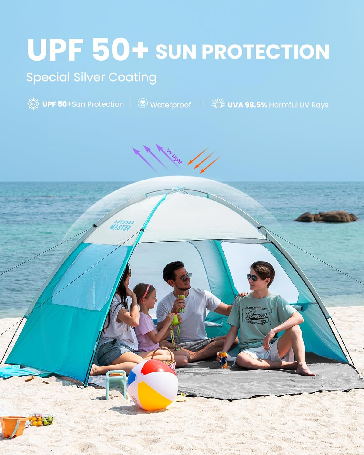 OutdoorMaster Beach Tent - Easy Setup Sun Shade Shelter for 3-8 People | Portable Canopy with UPF 50+ Protection